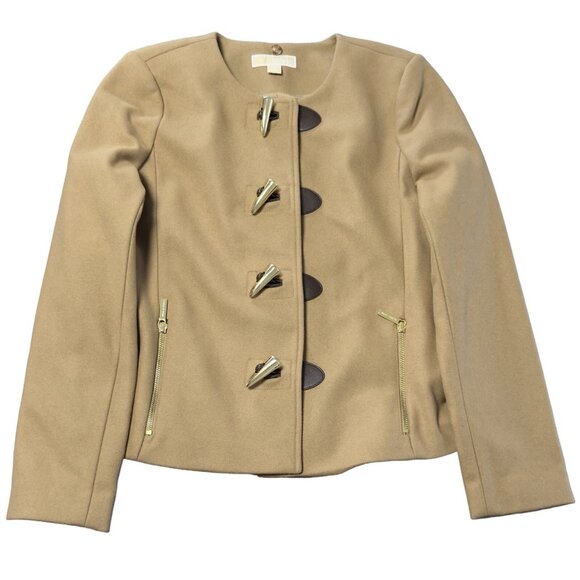 Michael Kors Tan Gold Toggle Button Jacket‎ Zip Pockets Wool Blend Corpcore 12 - Picture 2 of 10